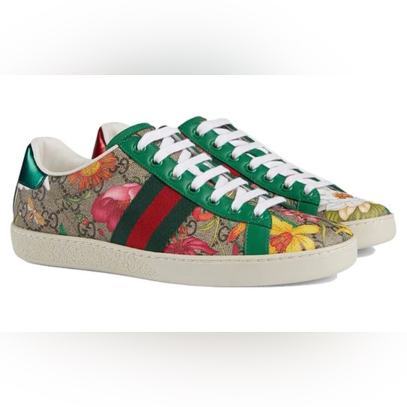 Gucci Shoes - Gucci Women’s Ace Series GG Flowers Printing Green White Casual Walking Sneaker